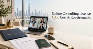 Online Consulting Licence UAE setup showing a professional consultant with business licence, activity documents and remote client consultation.