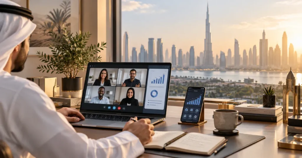 UAE online service business setup showing digital client services, company licensing, online payments and professional business operations.