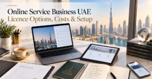 UAE online service business setup showing digital client services, company licensing, online payments and professional business operations.