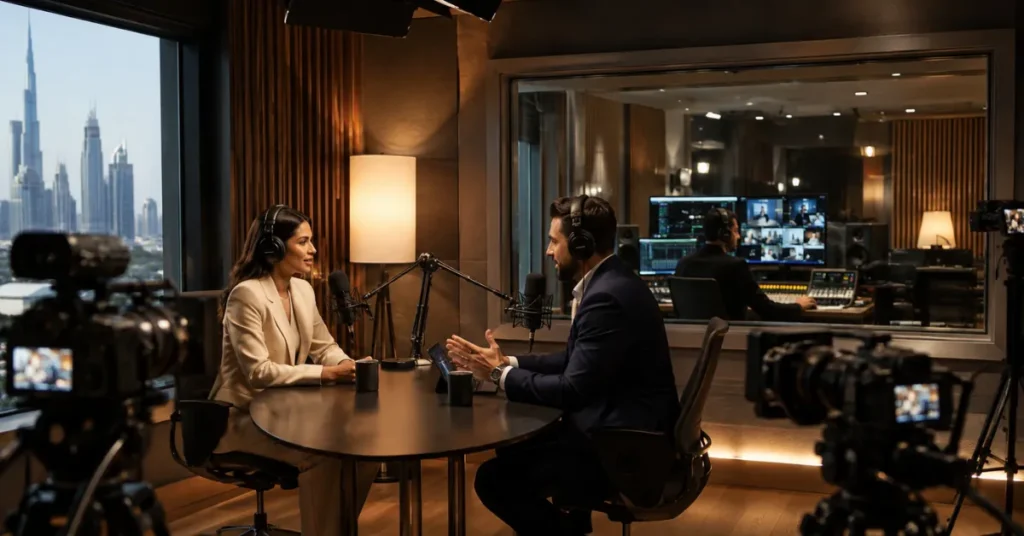 Professional Podcast Studio UAE with multiple cameras, broadcast microphones, acoustic treatment and a dedicated production control room.