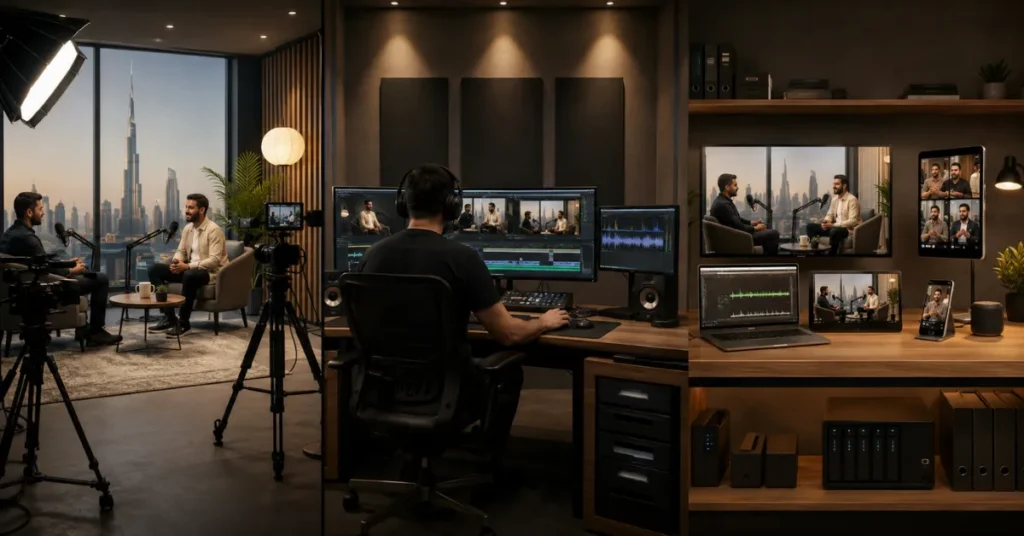 YouTube Studio UAE production workflow showing recording, multi-camera editing, audio production and short-form content creation.