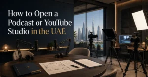 Podcast or YouTube Studio UAE setup showing professional cameras, microphones, lighting, acoustic treatment and production equipment.