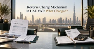 Reverse Charge Mechanism in UAE VAT showing VAT accounting responsibility shifting from supplier to the qualifying recipient.