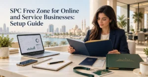 SPC Free Zone business setup showing an entrepreneur reviewing licence, visa and flexible workspace requirements for an online or service company in Sharjah.