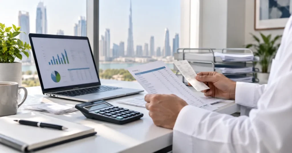 UAE small business monthly bookkeeping showing receivables, payables, cash-flow monitoring and financial reporting.