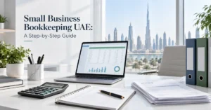 UAE small business bookkeeping showing invoices, bank records, transaction tracking and monthly financial reporting.