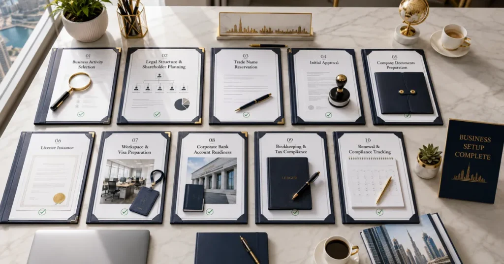 Small Business Setup UAE checklist covering activity selection, legal structure, trade name, licensing, banking, visas, accounting and tax compliance.