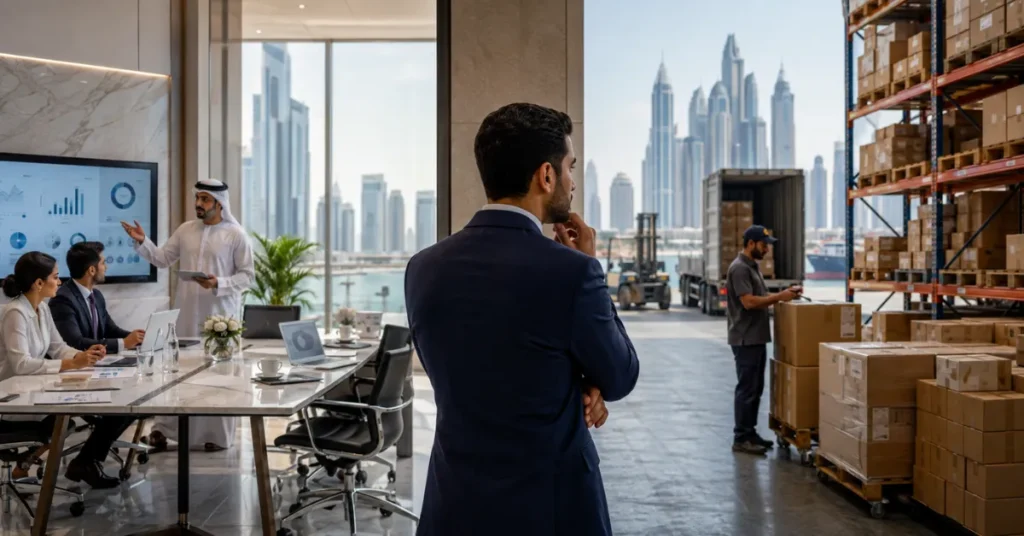 UAE consulting licence selection workflow showing service definition, business activity, activity code, approvals and final licence.