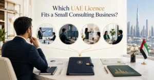 UAE licence for a small consulting business showing activity selection for management, IT, marketing and professional advisory services.