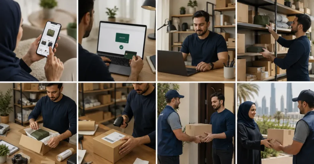 UAE online business fulfilment workflow showing online payment, inventory picking, packing, courier collection and customer delivery.