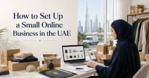 Small online business UAE setup showing e-commerce licensing, online store, payment gateway, inventory and delivery operations.