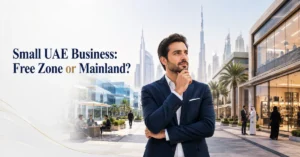 Small UAE Business comparing Free Zone and Mainland setup based on customers, workspace, visas and future expansion.