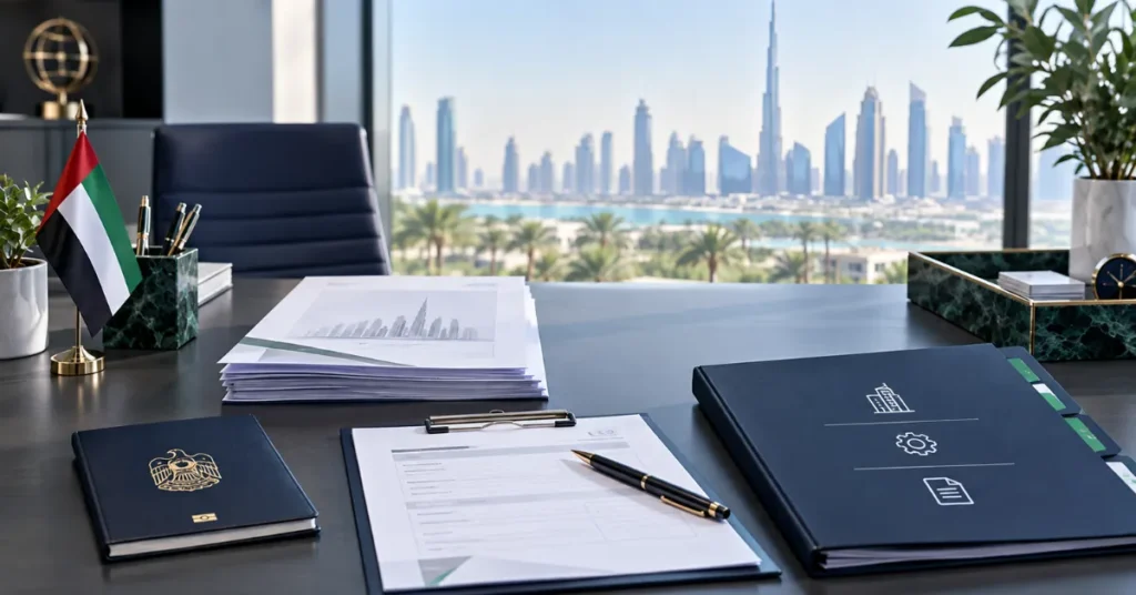 Small UAE company formation document file showing identification, shareholder, incorporation, trade-name and office documents.