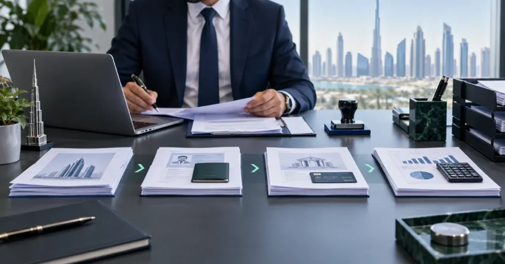 UAE company setup document workflow connecting incorporation, business licence, visa, banking and tax compliance records.