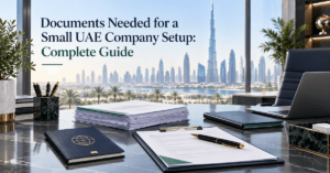 UAE company setup documents including passport, shareholder information, business activity, trade name and incorporation paperwork.