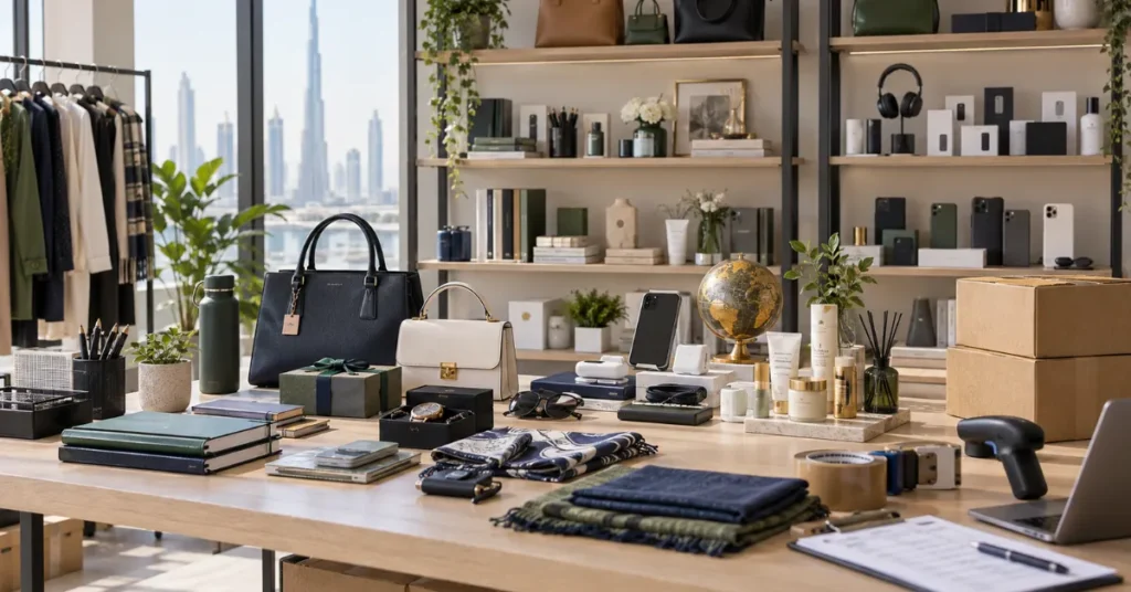 Different consumer product categories for a small UAE trading business including fashion, home goods, stationery, accessories and lifestyle products.