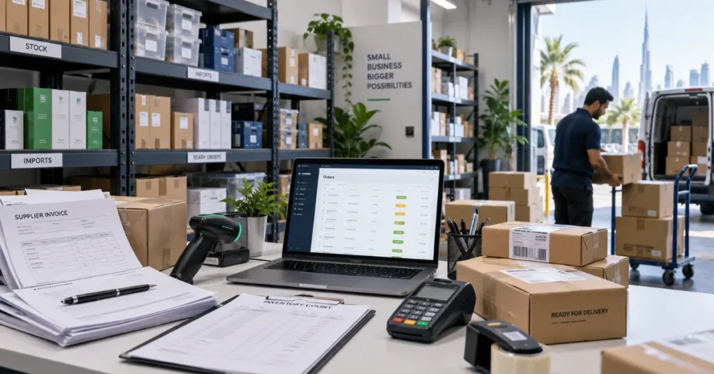 UAE small trading company managing imported inventory, online orders, payment processing and customer fulfilment.