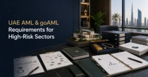 UAE AML and goAML requirements showing customer due diligence, beneficial ownership, transaction monitoring and suspicious activity reporting for high-risk sectors.