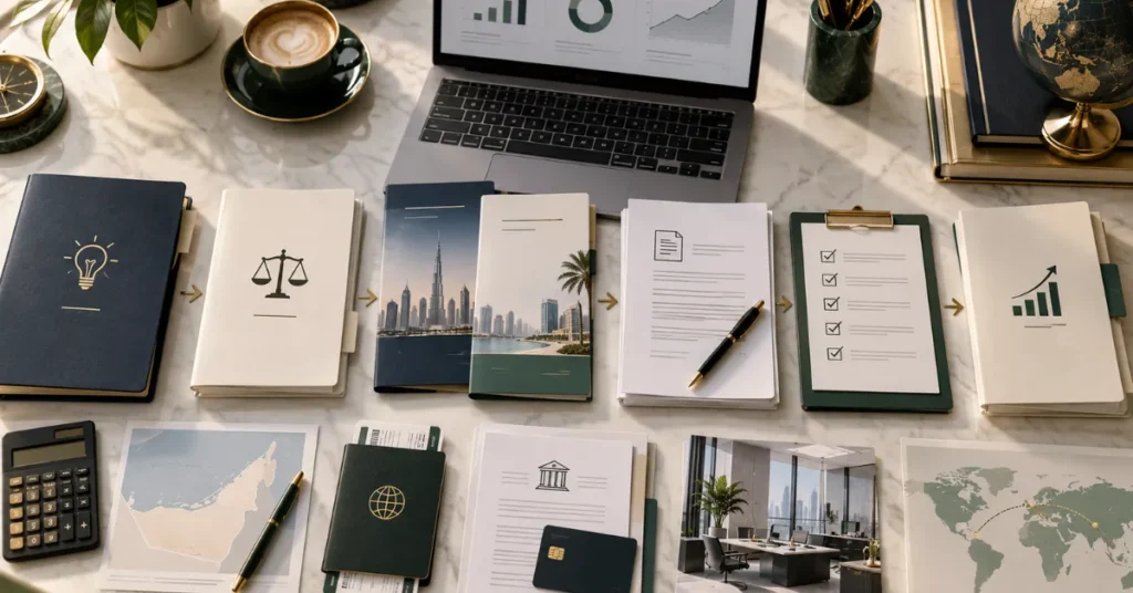 Different UAE business models including consultancy, e-commerce, technology, trading and creative services being matched to suitable business activities.