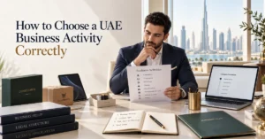 UAE business activity selection showing an entrepreneur reviewing business activities, licence options and company formation documents.