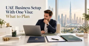 UAE Business Setup with one visa showing a solo entrepreneur, business licence, company documents, workspace and residence planning.