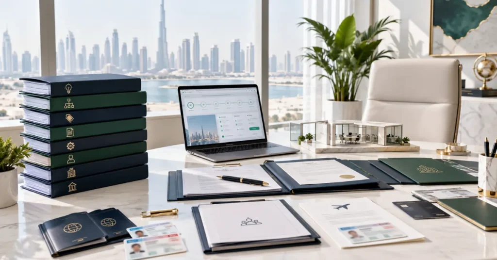 UAE business setup package components including activity selection, registration, licence, visa, workspace and banking support.