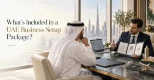 UAE business setup package showing company registration, licence, business activity, visa and workspace planning.