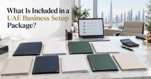 UAE business setup package showing licence, company registration, trade name, visa, workspace and banking documents.