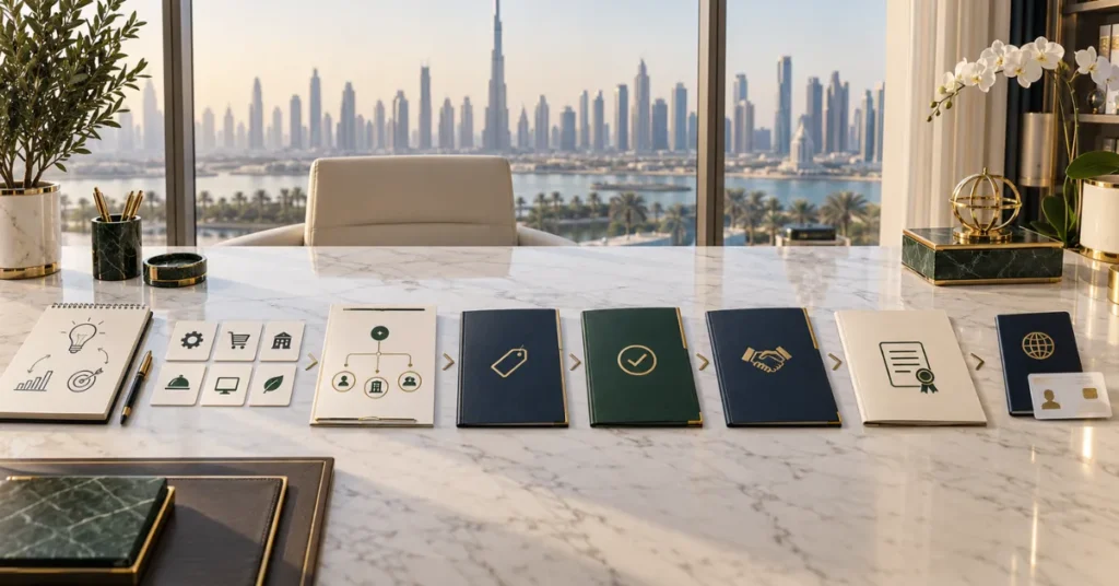UAE business setup package comparison showing included licence and registration services alongside additional visa, office, tax and renewal costs.