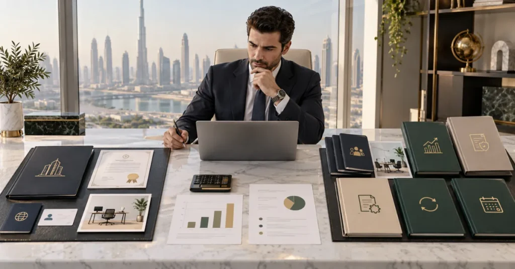 UAE company formation process showing activity selection, legal structure, trade name, initial approval and business licence stages.