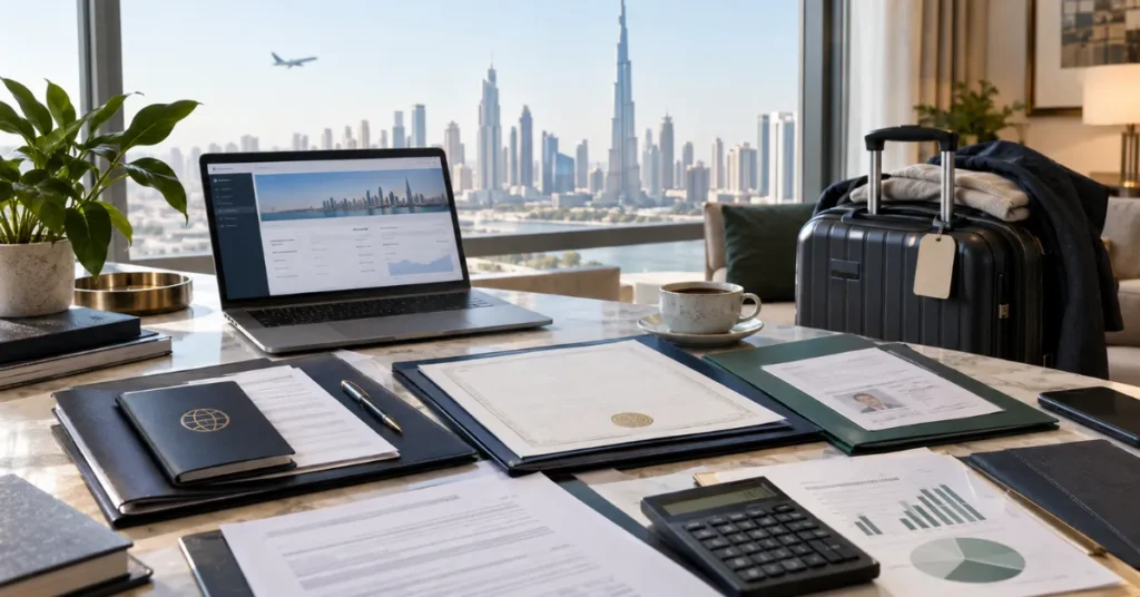 International founder arranging UAE company formation remotely through online consultation, incorporation documents and business activity planning.