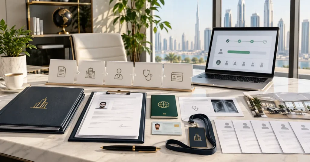 UAE company formation with one visa showing licence, establishment documents, founder residency, Emirates ID and workspace planning.