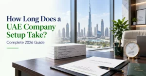 UAE company setup timeline showing business registration documents, licence preparation and company formation planning.