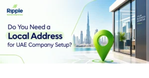 Do you need a local address for UAE company setup? Modern Dubai office with a green location pin representing a local business address.