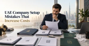 UAE company setup mistakes increasing business costs through licence amendments, visas, workspace, banking and compliance expenses.