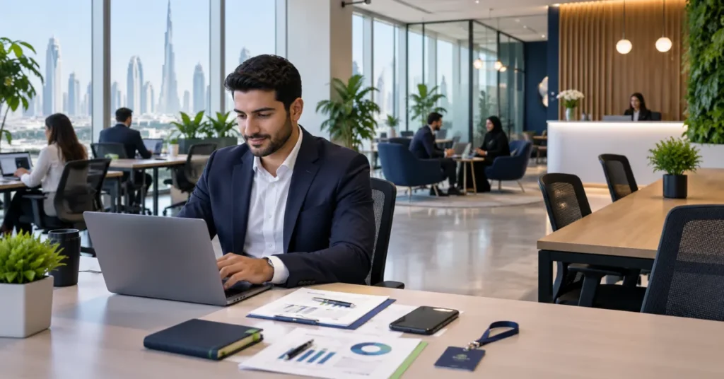 UAE flexi-desk business setup showing a consultant working from an approved shared workspace without a private office.