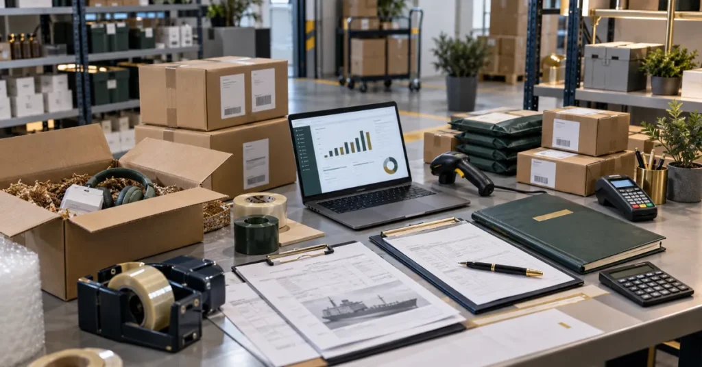 Solo UAE e-commerce founder managing a one-visa online business setup with licence, banking, products and order fulfilment.