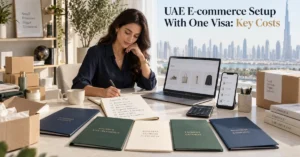 UAE e-commerce setup with one visa showing licence, residency, online store, inventory, banking and startup cost planning.