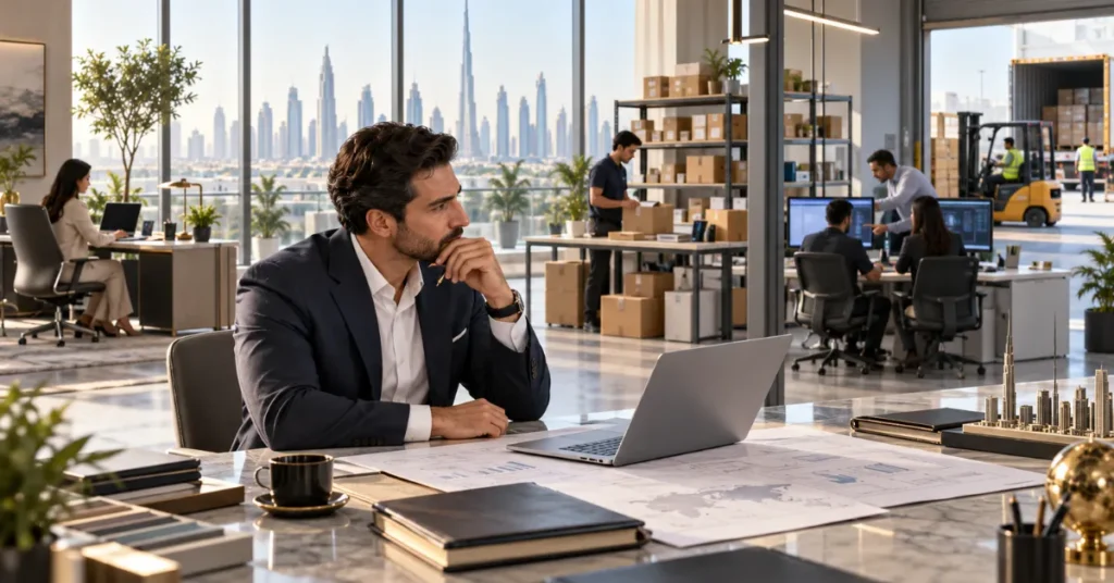 UAE Free Zones selection showing consulting, e-commerce, technology and trading businesses with different workspace and infrastructure needs.