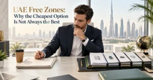 UAE Free Zones comparison showing an entrepreneur evaluating licence cost, visa, workspace, compliance and long-term business value.