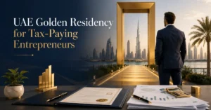 UAE Golden Residency for tax-paying entrepreneurs showing business ownership, verified tax contribution and a pathway toward long-term UAE residency.