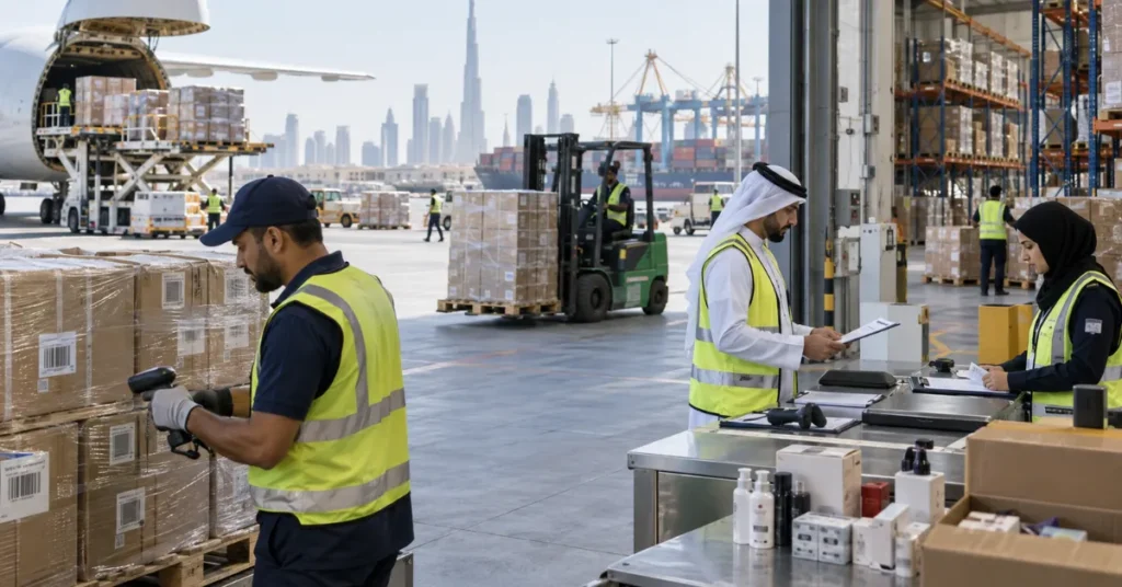 Imported e-commerce inventory moving from an overseas supplier through UAE customs clearance into local stock.