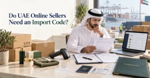 UAE online seller reviewing import-code requirements, customs documents, supplier invoices and imported e-commerce inventory.