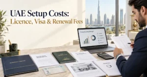 UAE setup costs showing business licence, visa, workspace, registration and renewal expenses for company formation.