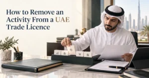 UAE trade licence amendment showing a business owner reviewing and removing an outdated licensed activity.