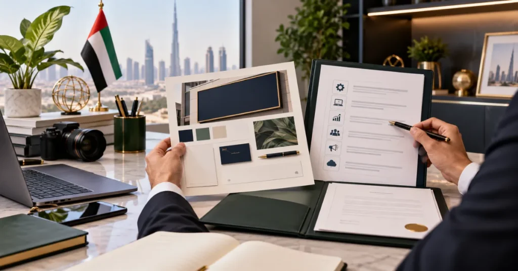 UAE company branding and licence comparison showing a distinctive trade name alongside the approved business activity.