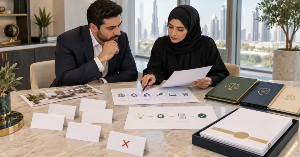 UAE trade licence review showing how a company checks trade-name suitability against its business activity and licensing requirements.