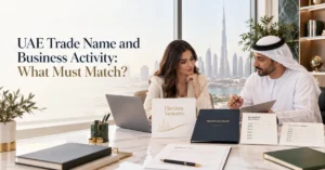UAE trade name and business activity review showing company identity, activity code and trade licence alignment.