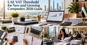 UAE VAT threshold review for a growing company showing sales records, bookkeeping, bank reconciliation and VAT compliance monitoring.