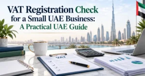VAT registration check for a small UAE business showing turnover review, bookkeeping records, invoices and financial reconciliation.